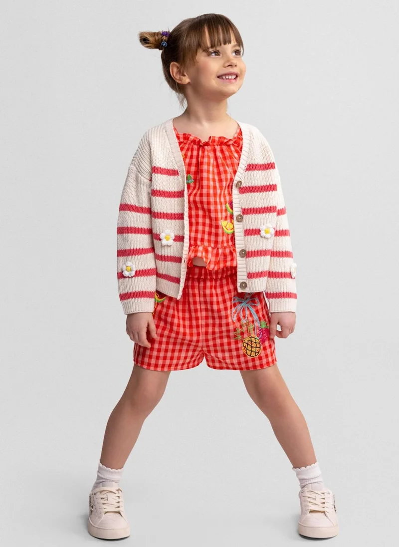 مينوتي Girls knitted cardigan coral white striped daisy embroidery 3 months to 7 years